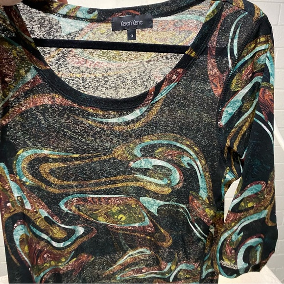 Super Cool Fabric Feel SemiSheer 3/4 Sleeve Blouse Scoop Crew Neck Marbled Shirt - Picture 6 of 12